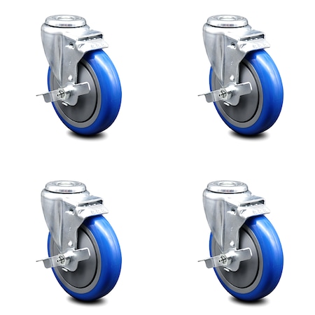 SERVICE CASTER 5 Inch Blue Polyurethane Wheel Swivel Bolt Hole Caster Set with Brake SCC SCC-BH20S514-PPUB-BLUE-TLB-4